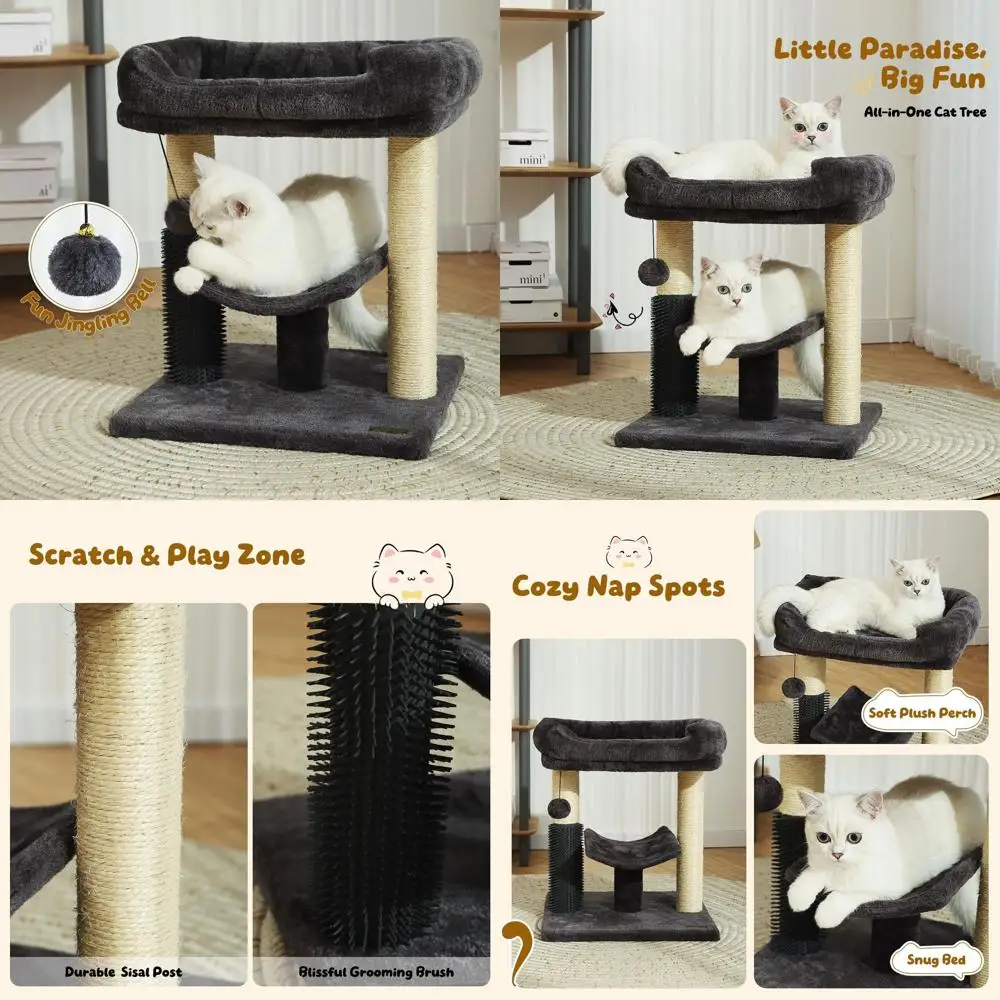 

20 Smoky Grey Cat Tree with Sisal Scratch Post, Plush Bed, Groomer, and Toy Ball for Small Cats