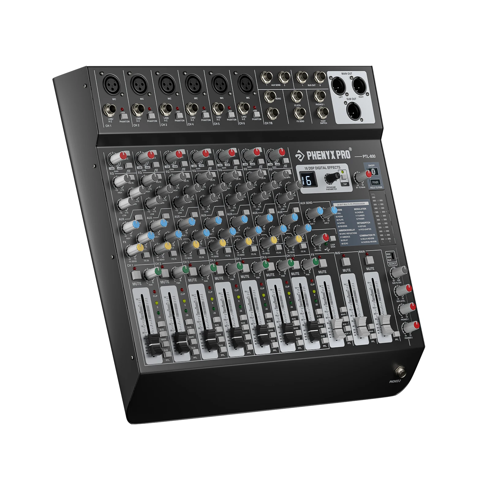 

Phenyx Pro 8-Channel Audio Mixer w/ AUX, BUS, SUB, 16 DSP, BT&USB, PTL-800 Mixing Console for Stage, Home Studio