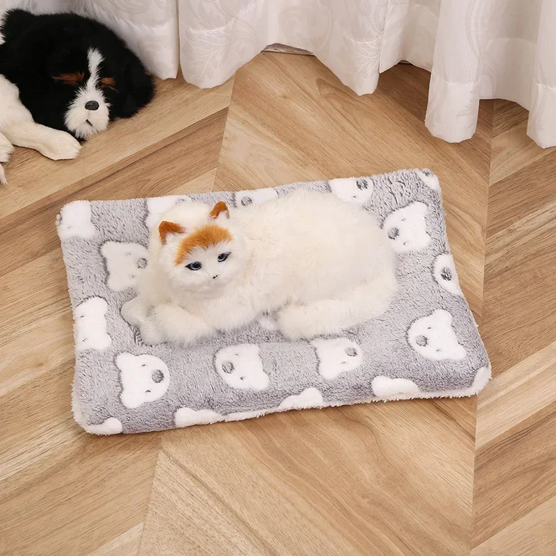 Cute Ultra Soft Plush Cat Bed Mat with Prints Reversible Fleece Dog Crate Kennel Pad Cozy Washable Thickened  for Kitten Puppy