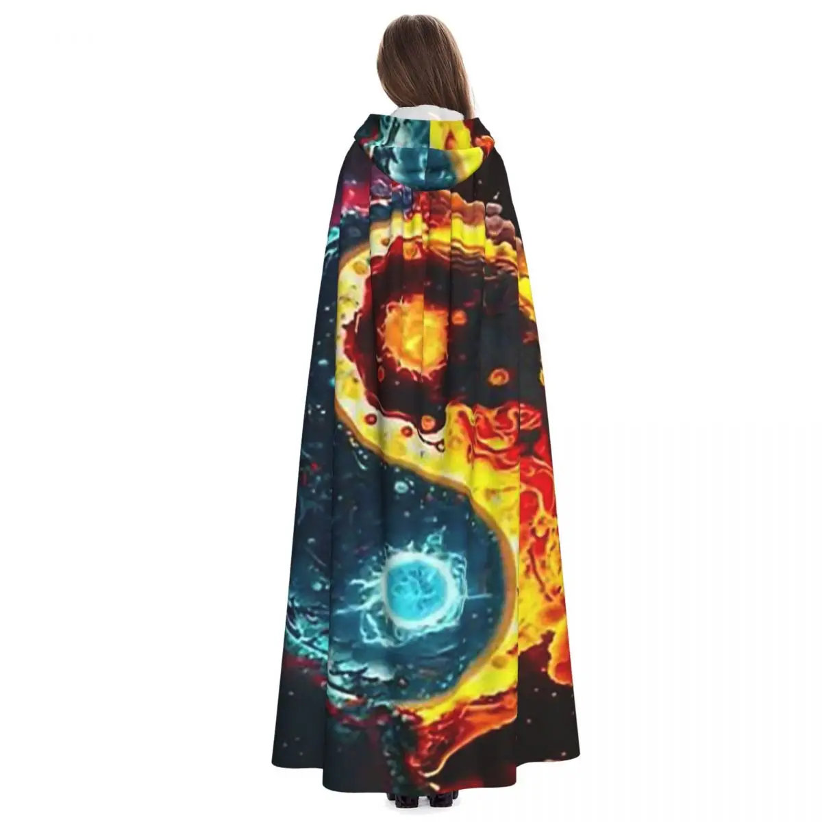 火と水のバランス陰陽ロングフード付きマント魔女中世衣装コスプレケープハロウィンヴァンパイア大人ユニセックス