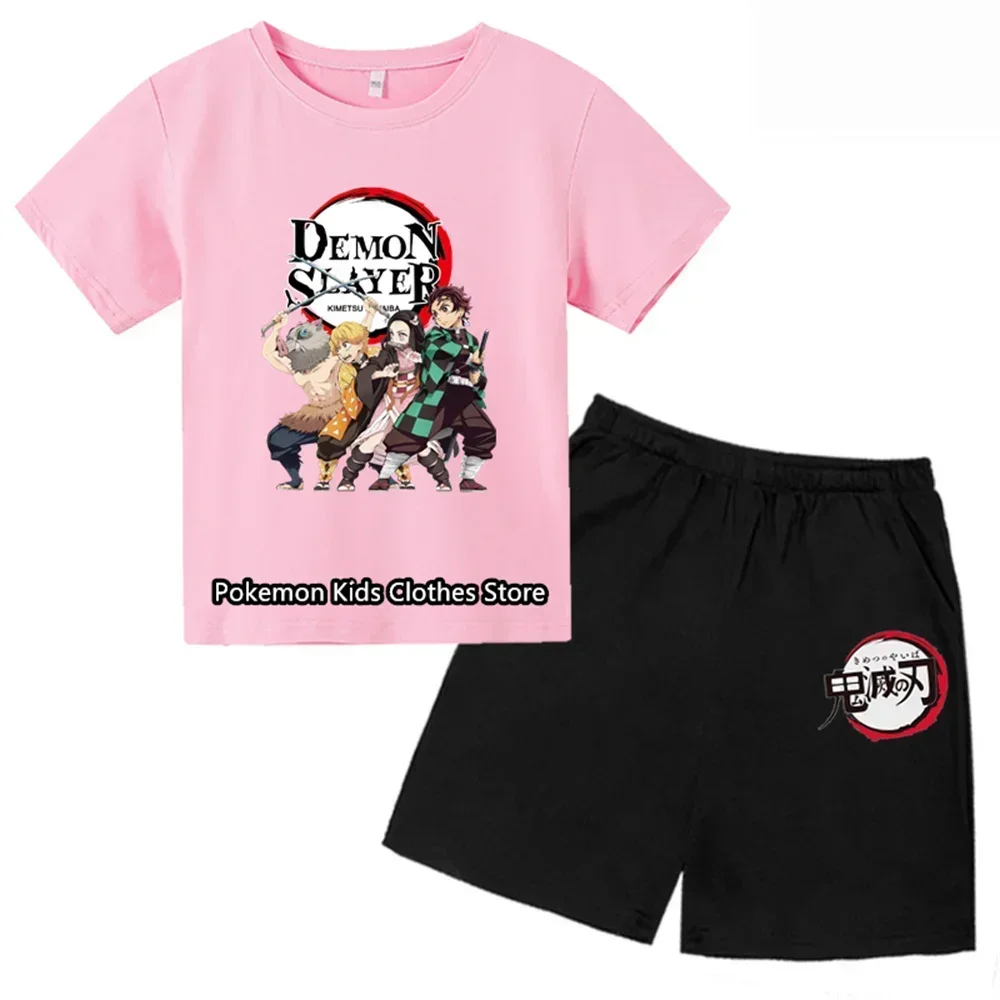 Boys Girls Clothes Set Summer Cartoon Demon Slayer T shirt+Short Pants 2pcs Children Clothing Teen 1 2 3 4-14 Year Kids Suit