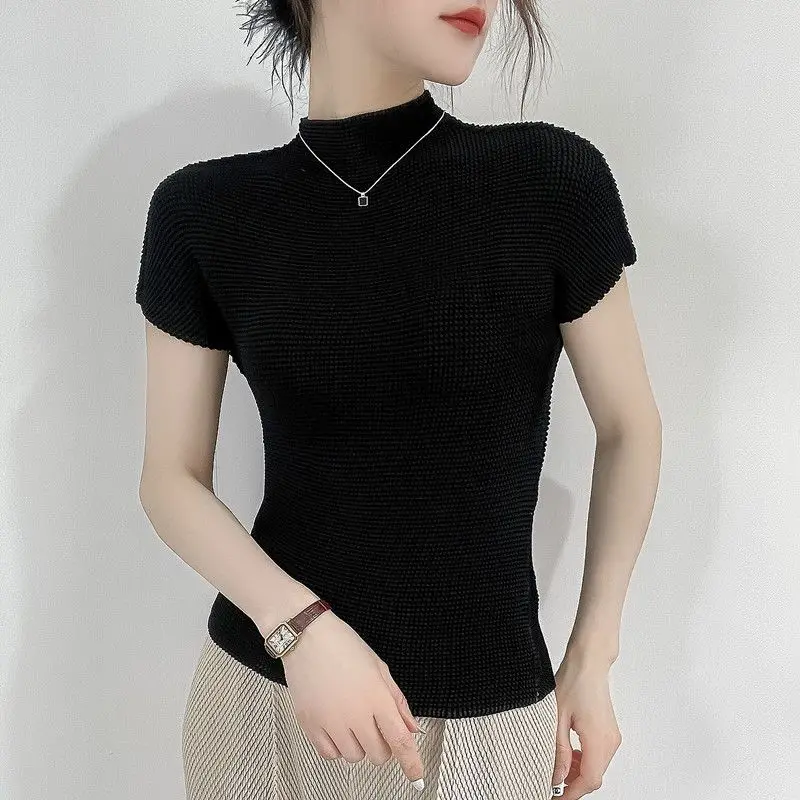 Pleated Short Sleeve Women's T-shirt Chiffon Shirt Summer Women's High Collar Thin Top Women's Western Fashion