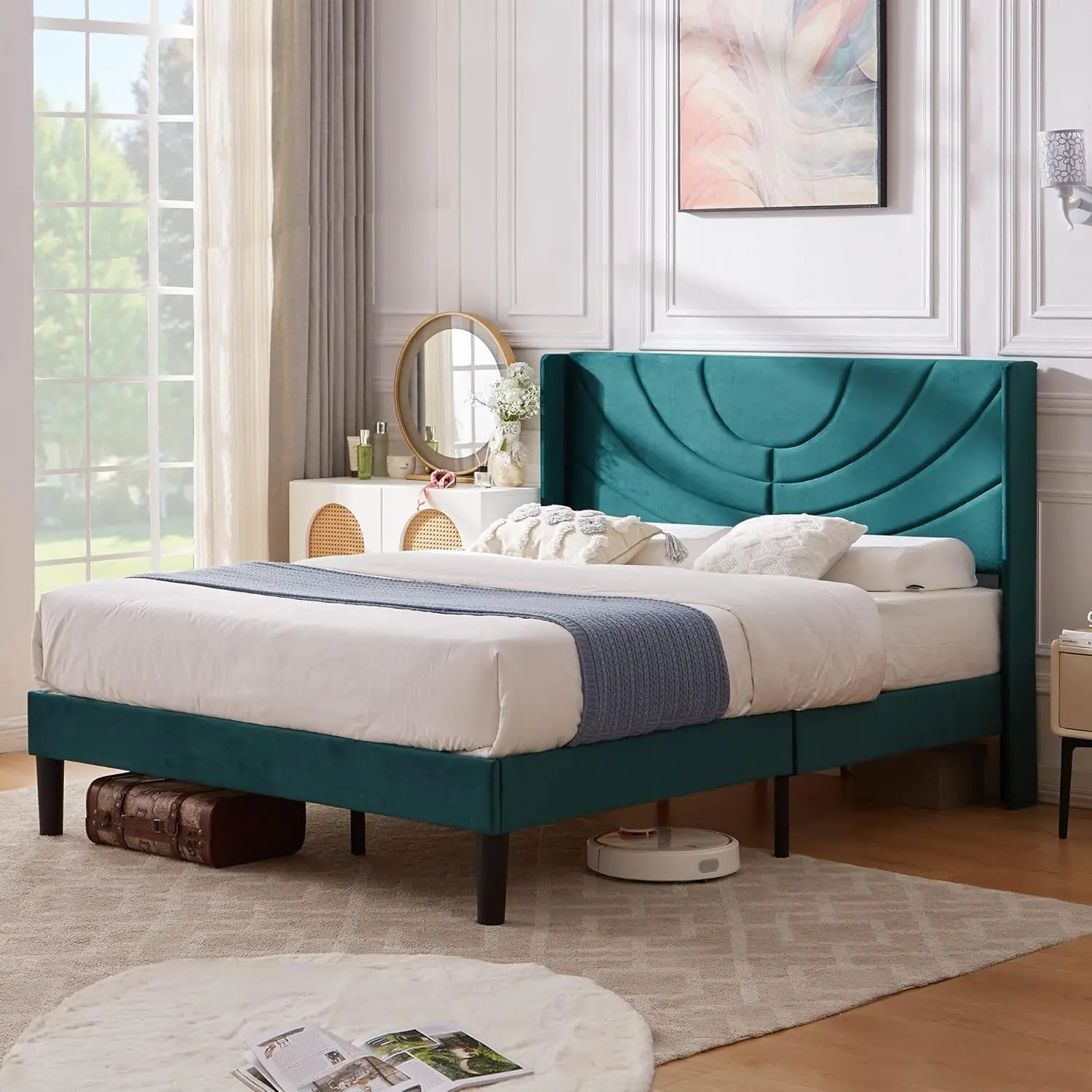 Full Size Bed Frame Upholstered Platform with Wave Fabric Headboard,Wooden Slats Support/Mattress Foundation/Easy Assembly