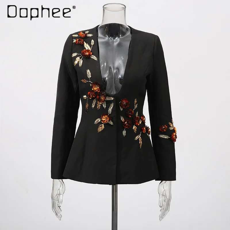 

European American Fashion Personality Beaded Blazer Heavy Industry Three-Dimensional Flower Patchwork Single-Breasted Blazers