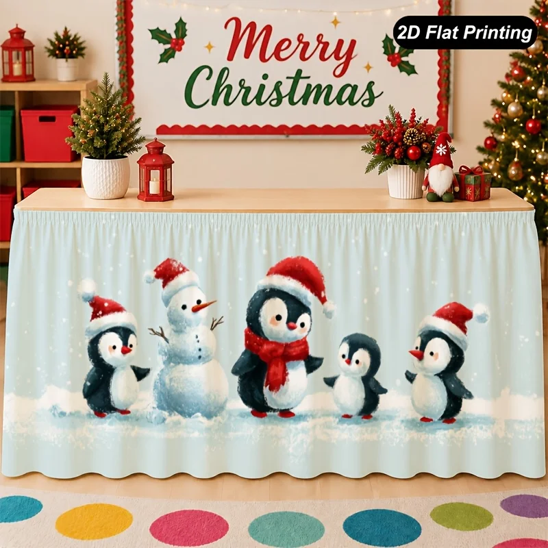 Table skirt / tableskirt - 1 piece set. 2D flat Christmas tablecloth. Snowman and penguin winter family table skirt.