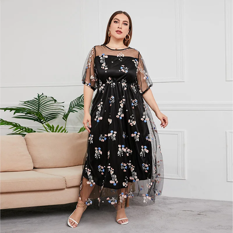 

Large size dress mesh floral dress fashion simple temperament elegant holiday style high-end banquet party dress