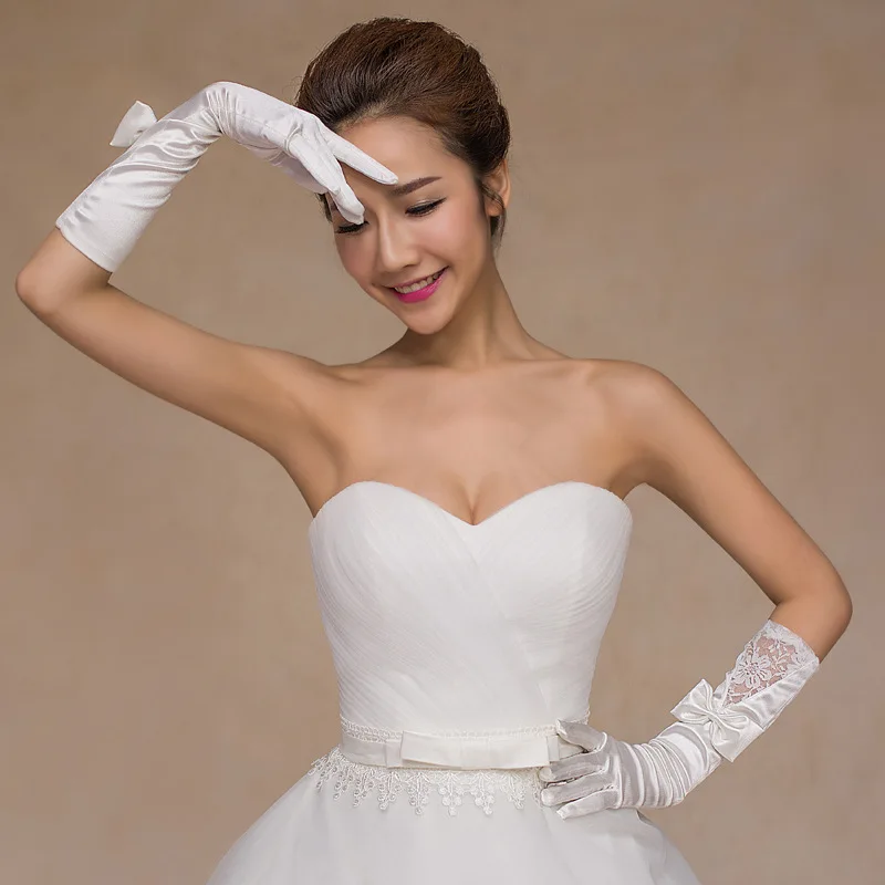 Elbow Length Wedding Gloves Paired With Bow Long Bridal Gloves