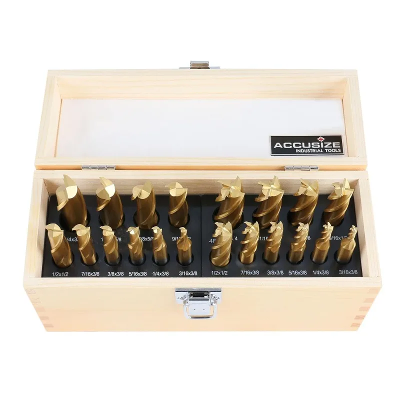 20 Pc Hss Tin Coated End Mill Set, 2 Flute and 4 Flute, Cutting Diameter from 3/16'' up to 3/4'', 1810-0100