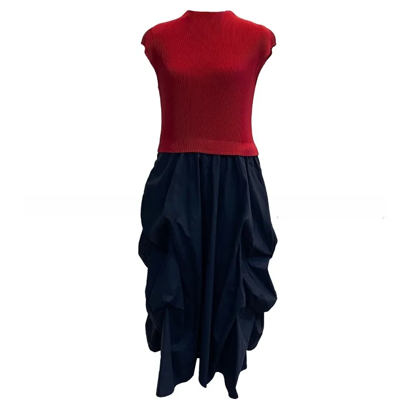 Miyake Pleated Women's Dress Sleeveless Vest Long Elegant Temperament Loose Waist Irregular Large Hem Flower Pod Skirt