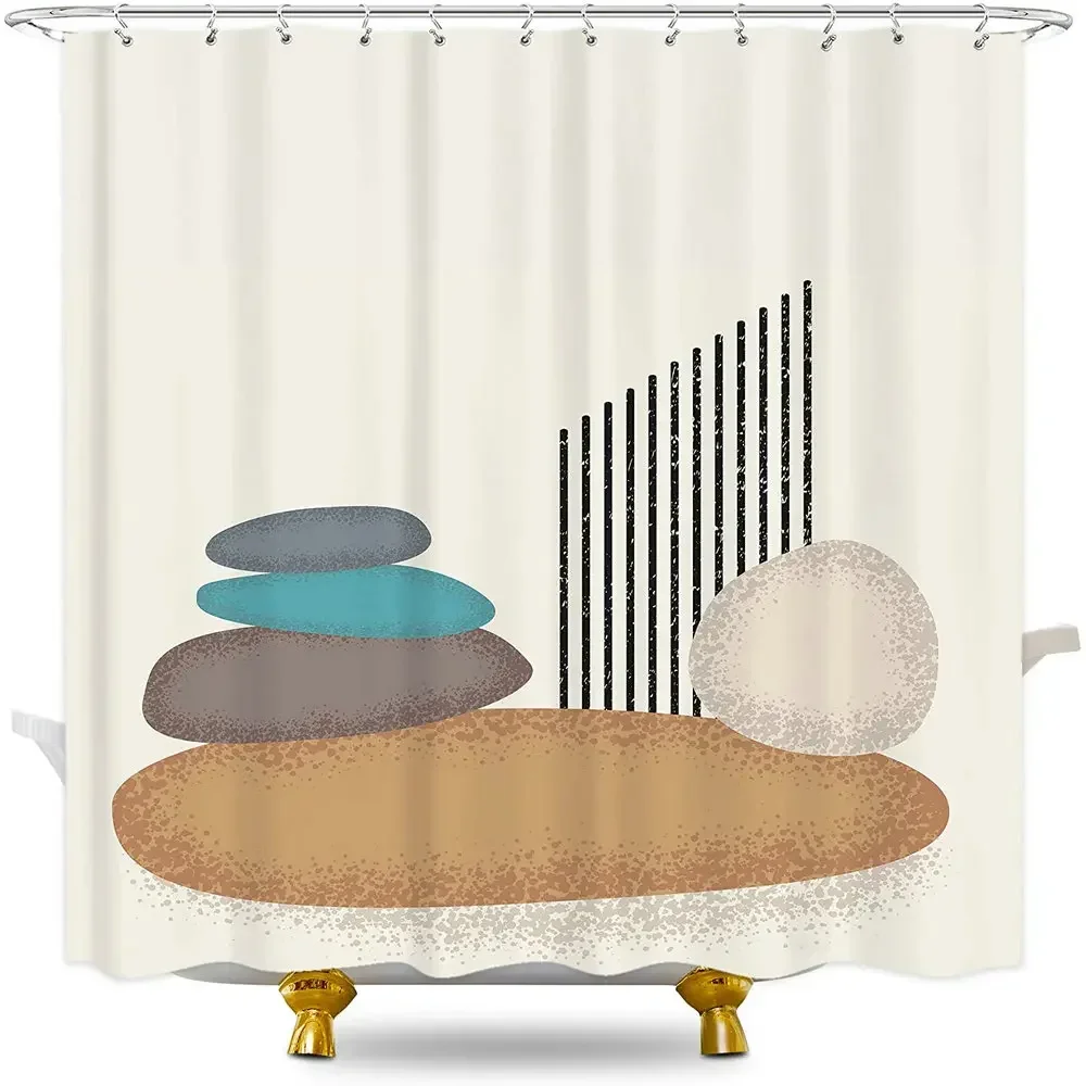 Abstract Modern Geometric Shower Curtain Bathroom Zen Stone Mid Century Meditation Aesthetic Line Asian Waterproof Fabric Screen