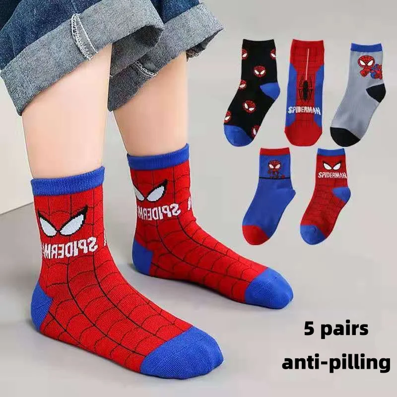 

5 пар детских хлопковых носков с изображением Человека-паука для мальчиков, мягкие дышащие сетчатые носки с героями мультфильмов, школьные спортивные носки с героями мультфильмов