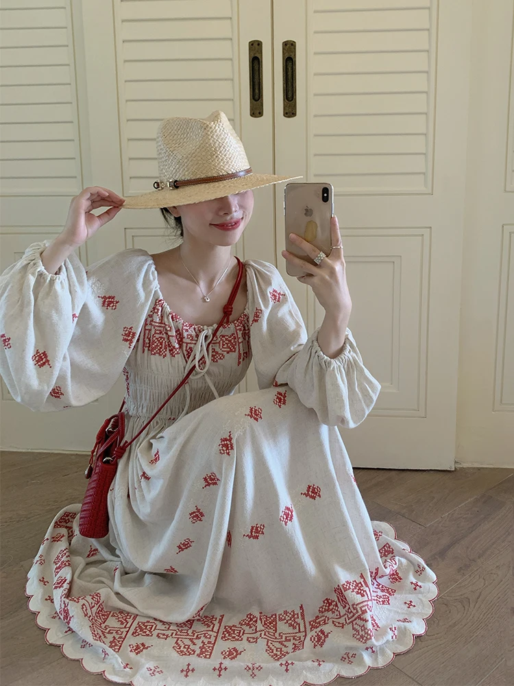 Red Flower Embroidery Linen Dr Elastic Waist Long Sve Holiday Skirt Long Dr French Sle A-Line Ladies' Dr