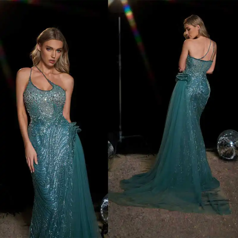 Vestidos De Noche elegantes con un hombro y cuentas De cristales, sin mangas, sin espalda, Vestido De graduación, vestidos De fiesta personalizados