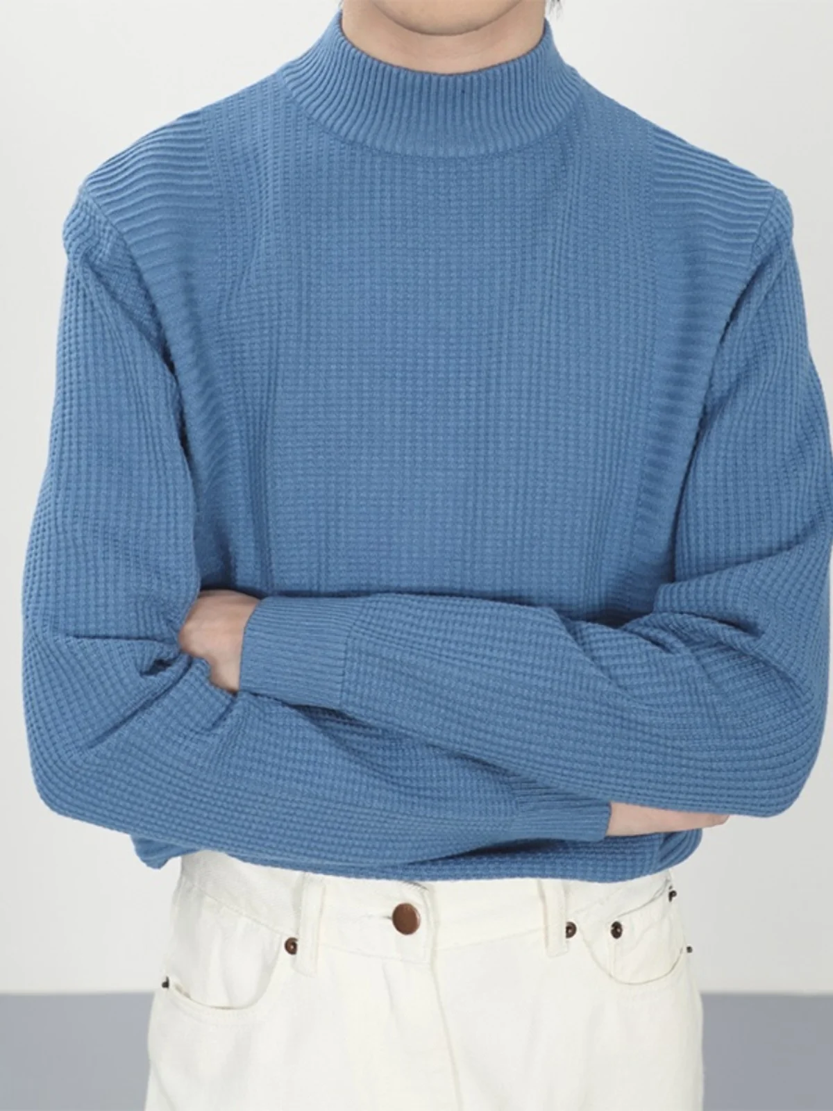 High-End Texture Men's Knitted Sweater Half High Collar Fleece Lined Winter Fashion Korean Style Inner Wear Long Sleeve Top