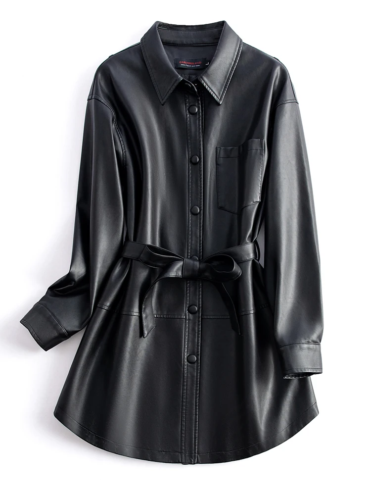 เสื้อแจ็คเก็ตหนังแกะทรงหลวมสำหรับผู้หญิง เสื้อโค้ทหนังแท้สไตล์เกาหลี เสื้อคลุมแฟชั่น เสื้อแจ็คเก็ตหนัง Haining สุดอินเทรนด์