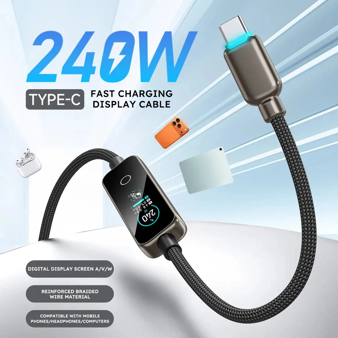 240W 6A Type C to Type C Fast Charging Cable 1.2M Real-time TFT Power Display Zinc Alloy PD Fast Charge Data Cord for Phone