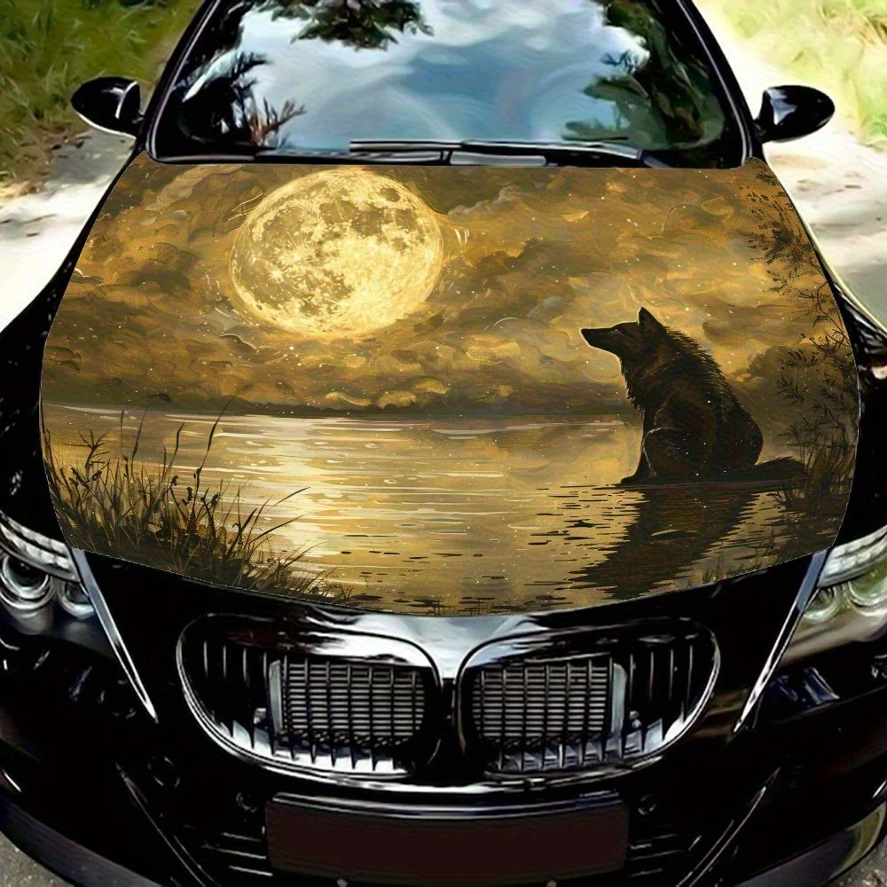 

The Shadow Of The Wolf Under The Moon Car Hood Vinyl Sticker, Universal Fit, Durable Paper Material, Engine Cover Decal, Auto Ac