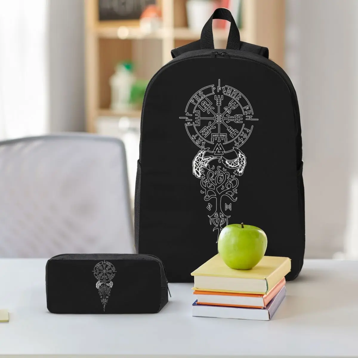 Viking Symbol Compass Vegvisir Nordic Rune Celtic Backpack BookBag School Bag Shoulder Bags 3ps Insulated Lunch Bag Pencil Case