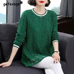 Korean Fashion Elegant Lace Tunic Ladies Tops Round Neck Long Sleeve Solid Loose T Shirt for Women's Clothing 2023 Spring Autumn