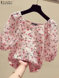 ZANZEA Elegant Korean Fashion Tops V Neck Floral Print Casual Everyday Women Blusas Puff Sleeve 2024 Summer Textured Blouses