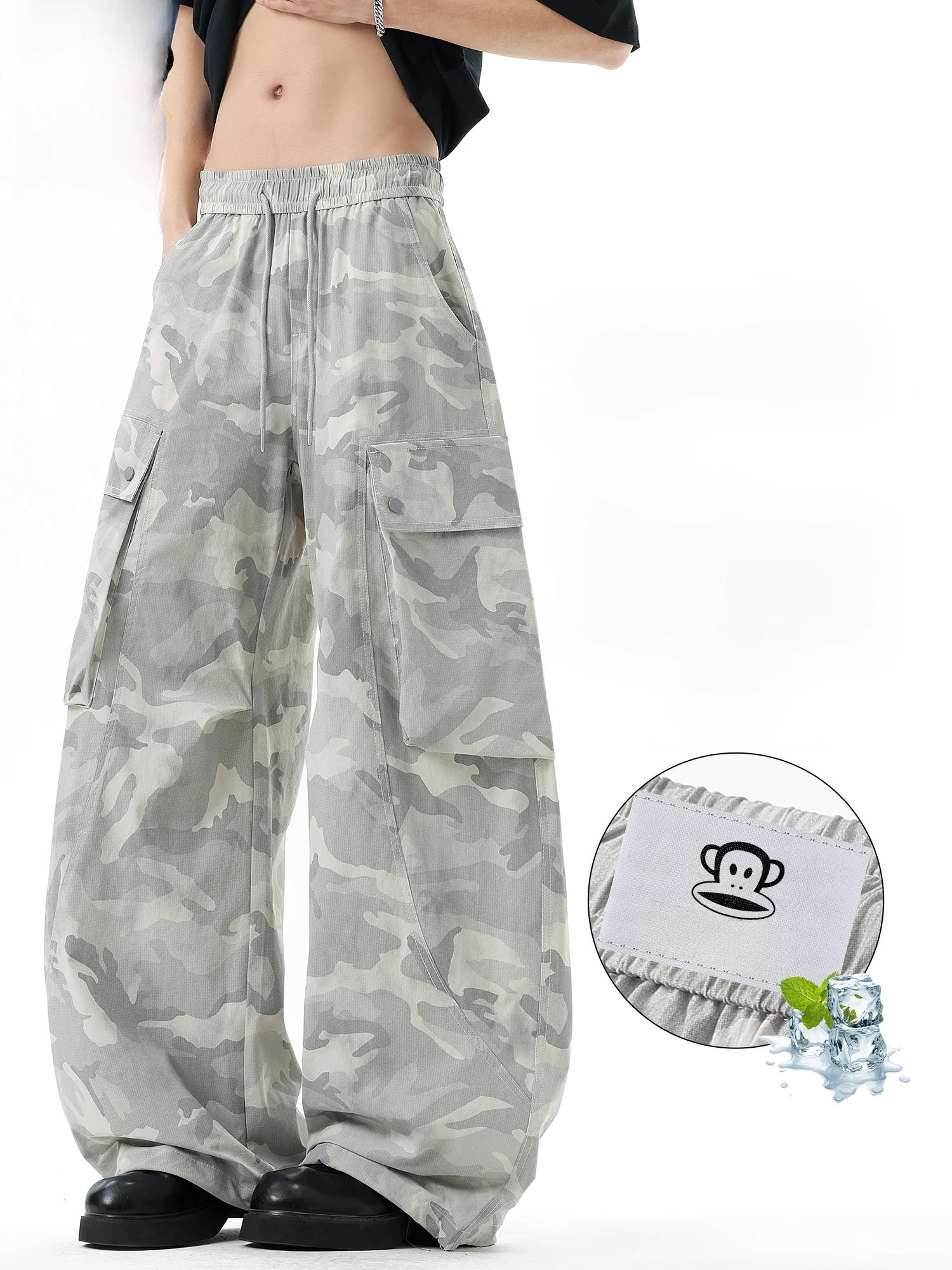 

Мужские летние тонкие брюки Paul Frank из камуфляжного ледяного шелка, свободные повседневные рабочие брюки с широкими штанинами, карманами и эластичным поясом на средней талии