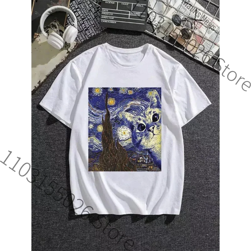 

Men's Casual Creative Cat Graphic Print Round Neck T-shirt, Summer Oversized Loose Tee Clothing Plus Size T Shirt Funny Cat