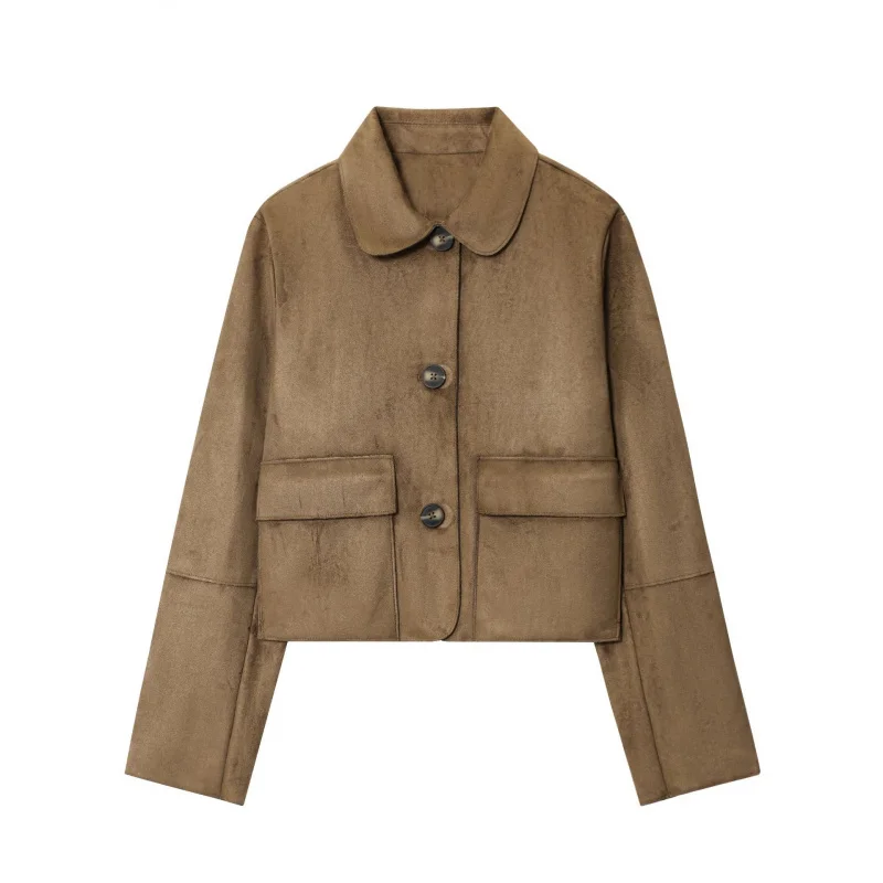 

2025Осенняя новая модная тенденция, универсальная короткая куртка с замшевым эффектом и карманами, пальто