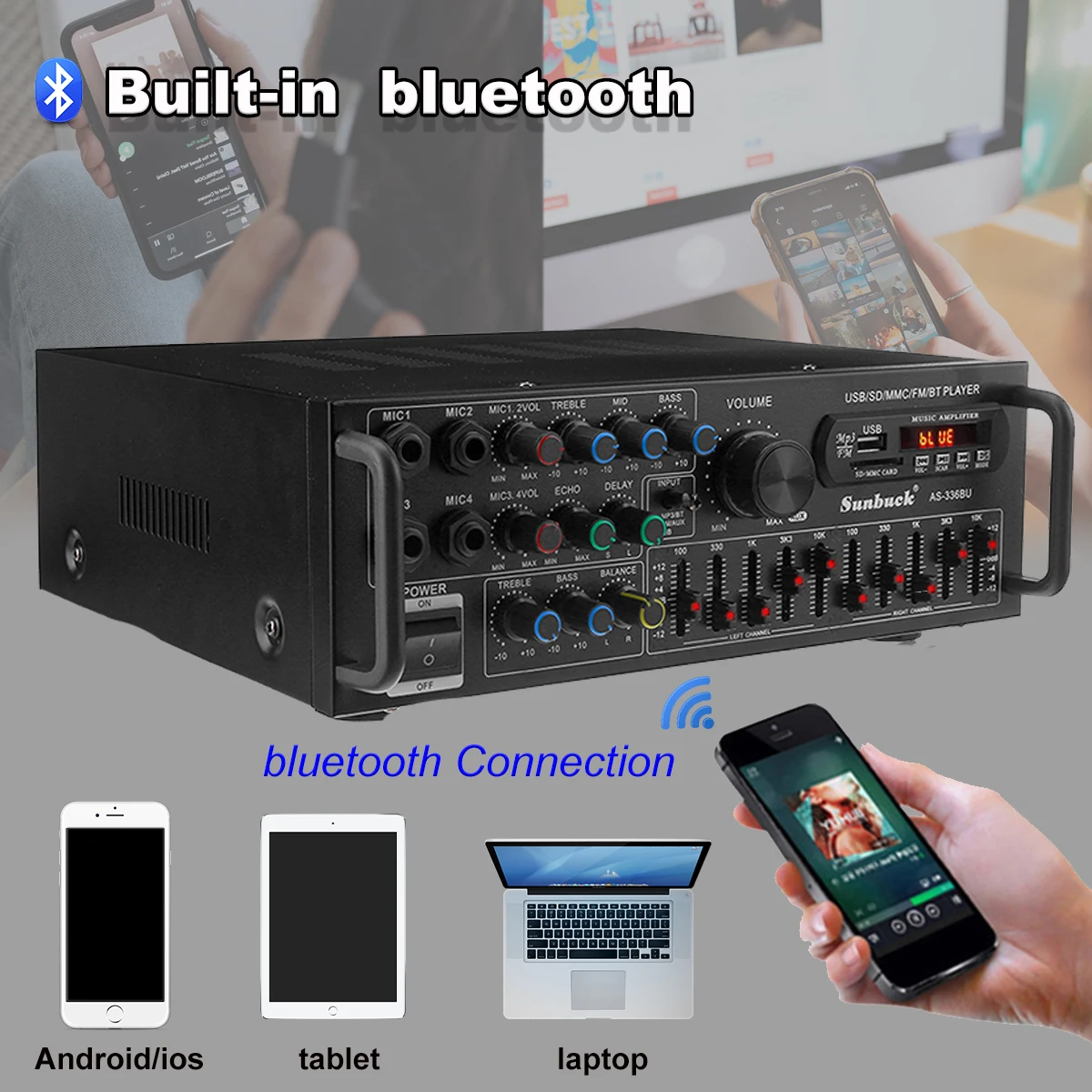 12V 2000W 4 Way Microphone Input Amplifier Audio Stereo Digital Radio USB SD AMP FM DVD Remote Control bluetooth 5.0 Car Home