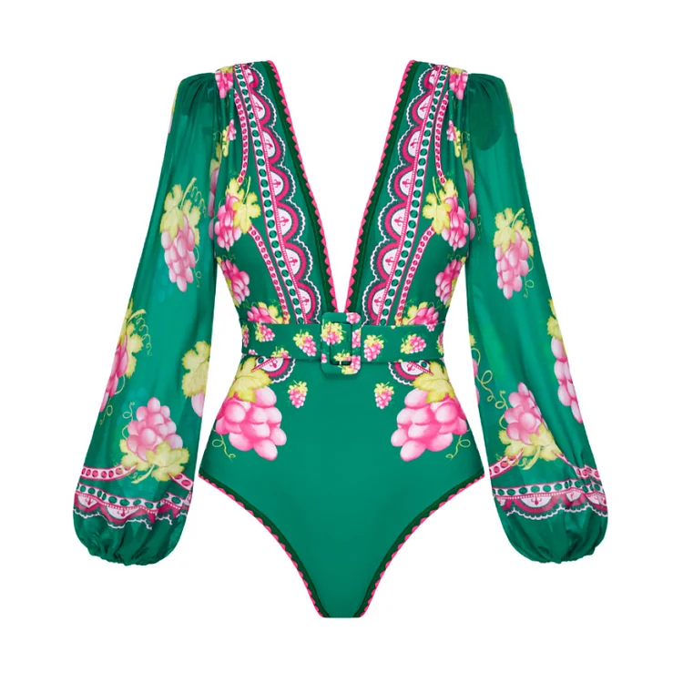 2024 New Women Retro Long-sleeved Retro Green Grapes  Swimsuit Set  Swimwear Beachwear Bathing Suit Bikini Monokini  Bodysuit