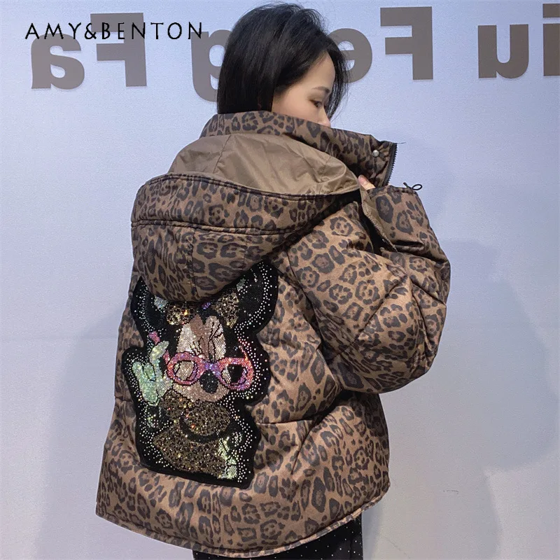 

Зимняя повседневная стеганая хлопковая куртка с капюшоном и стразами, морозостойкое хлопковое пальто с леопардовым принтом, теплые Jaquetas с героями мультфильмов