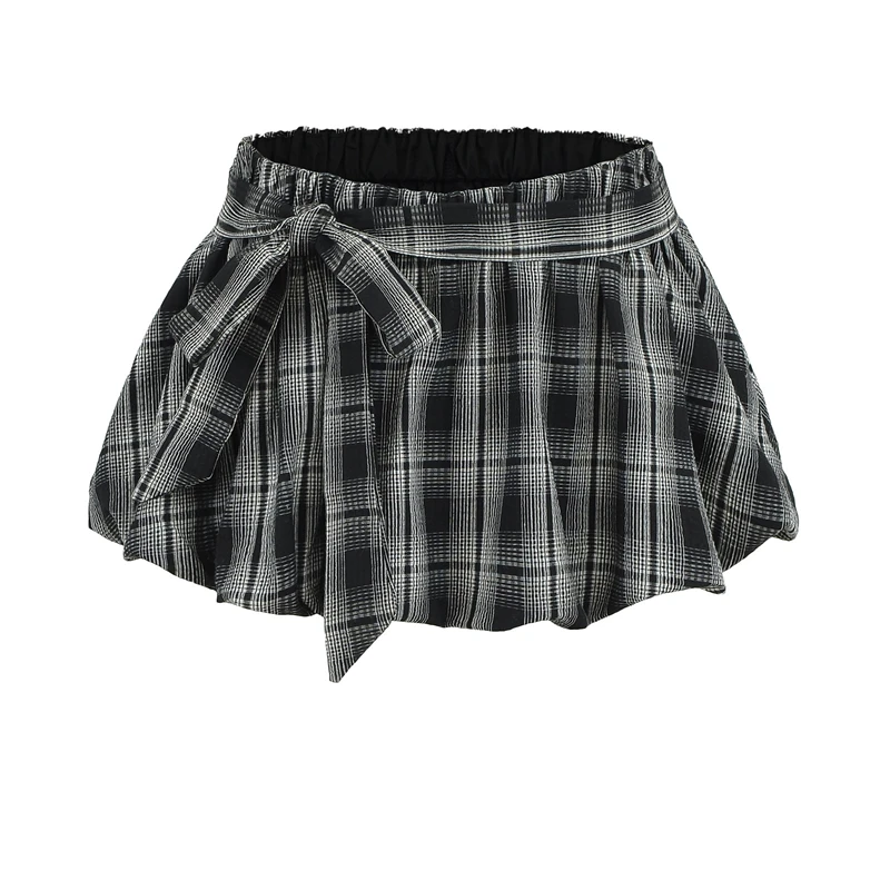 KEYANKETIAN 2025 Letnia nowa damska mini spódniczka w kratę w stylu preppy z kokardką i elastyczną talią A Line Puffy Skirt Fashion Pantskirt