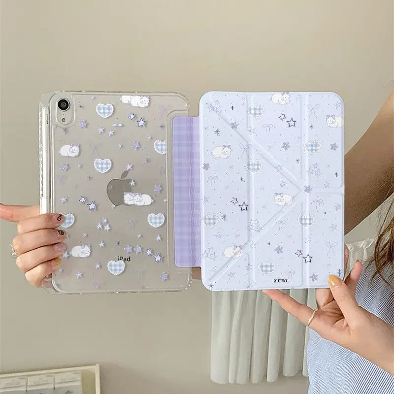 Simple Blue Lamb 3+Y Fold Crystal Clear Case for IPad Air 6 Case IPad 10th Air 4/5th 10.9 Pro 11 2nd 3rd 4th IPad 10.2 7/8/9th