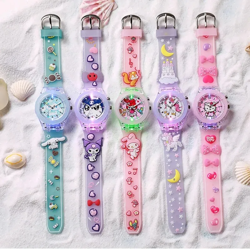 Sanrio Watch Kawaii Melody Cinnamoroll Children LED Luminous Watch Kuromi Hello Kitty Student Wrist Watch Kids Birthday Gift Toy