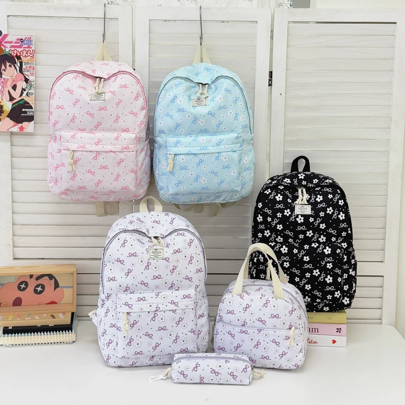 Sweet Floral Bow Girls Backpack Trio, Lightweight All-purpose Large Storage Student Bag Set for Secondary School Outdoor Campus