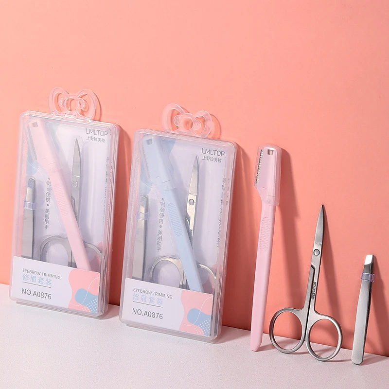 3-em-1 conjunto de ferramentas de maquiagem lâmina curvada tesoura, aparador, pinças beleza aço inoxidável cílios sobrancelha nariz removedor de pêlos navalha