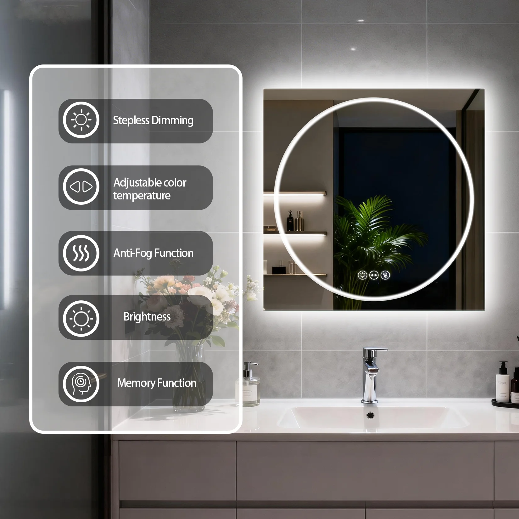 700x700mm Round in Square LED Bathroom Mirror with Lighting Anti-Fog 3 Color Correlated Temperature Memory Function Front & Back Light Smart Mirror Wall Mounted