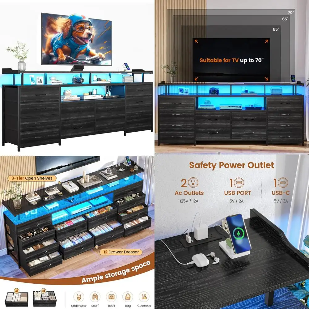 Large 63 LED TV Stand with 12 Drawers, Entertainment Center, LED Lights, Power Outlets for 65/70 Inch TVs