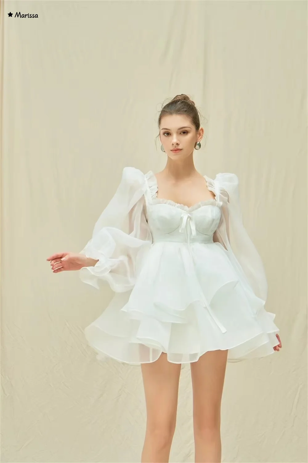 Marissa praia saia elegante vestidos femininos para vestido de festa de casamento feito sob encomenda branco gola quadrada mangas compridas até o chão