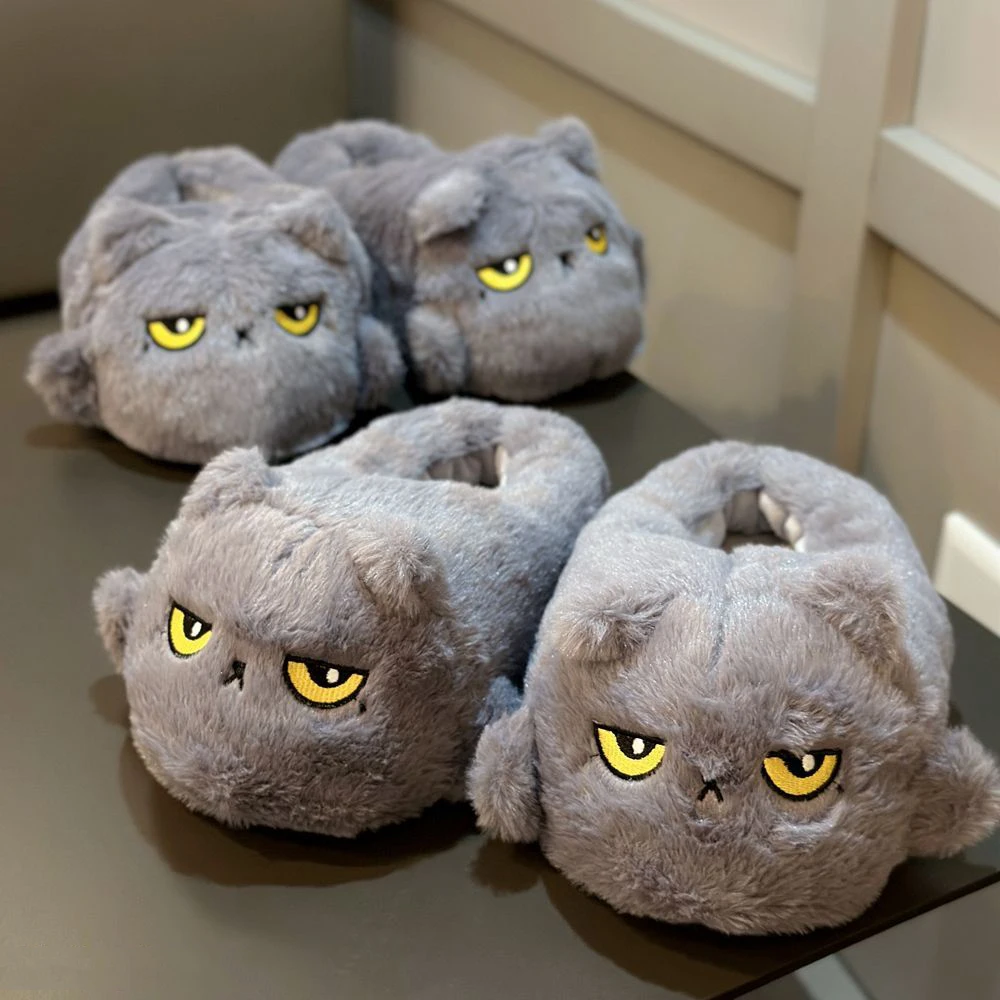 New angry kitten fuzzy slippers women\'s novelty floor shoes ladies winter cute cats slippers woman indoor warm home shoes 36-42