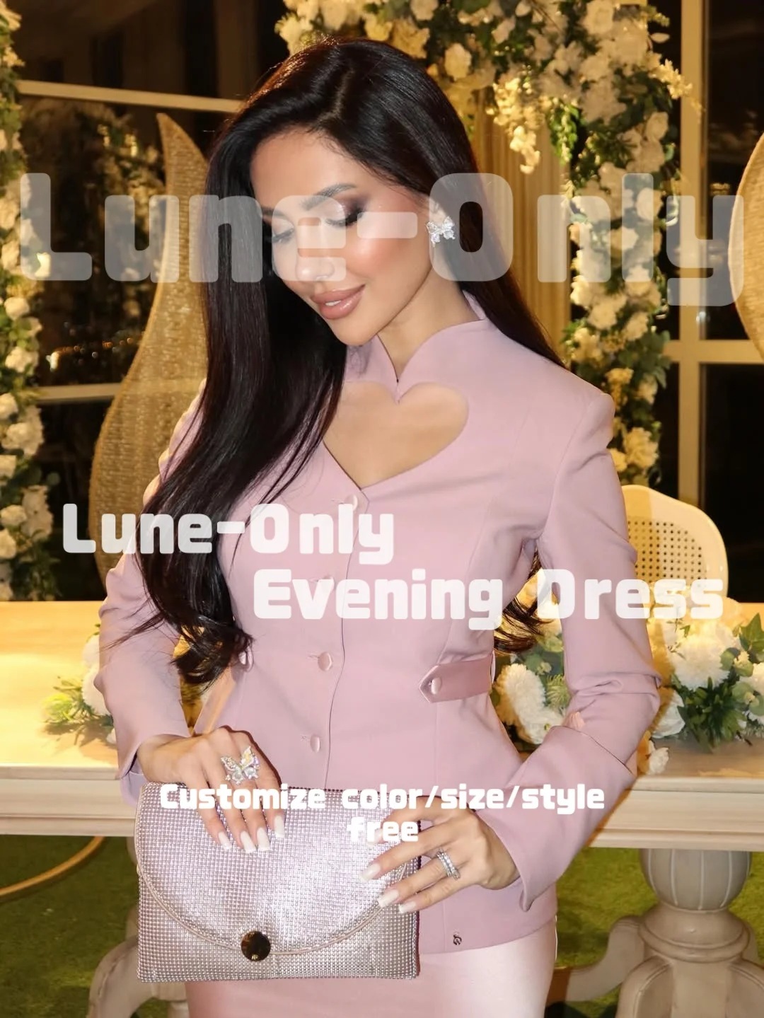 カスタマイズされた長袖のハート型カットジャケット付きイブニングドレス、フォーマルな機会に最適なピンクの2ピースプロムドレス、パーティガウン