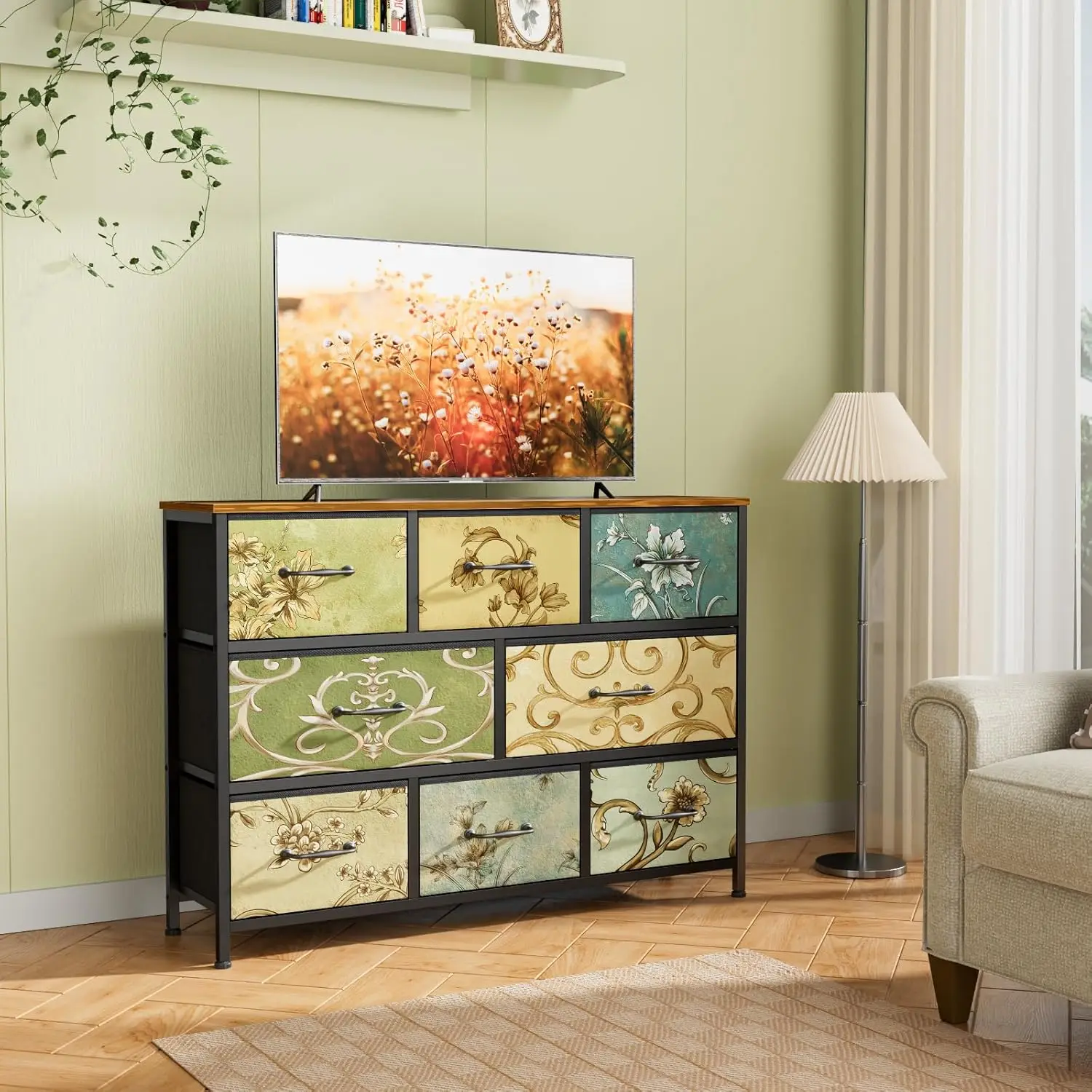 Commode à 8 tiroirs, commode large en tissu, meubles vintage pour chambre à coucher, salon, couloir, placard de rangement pour vêtements