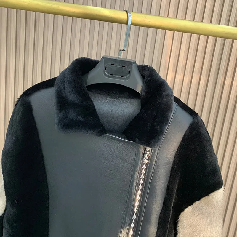 Abrigo de piel de oveja para mujer, piel de Merino, chaqueta de piel de oveja real con manga de piel de visón, ropa de motocicleta, invierno, nuevo,