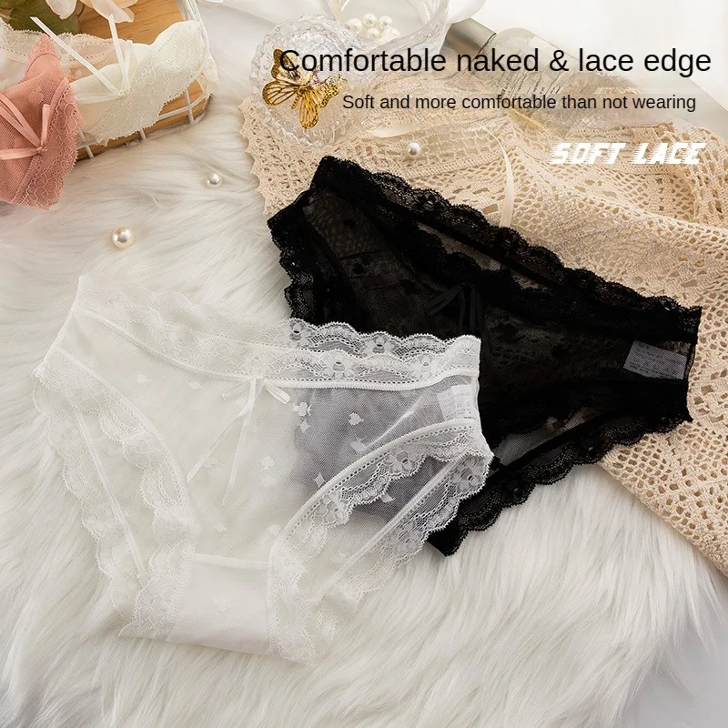 Lace Mesh Young Girl Underwear Pure Cotton Crotch Women Panties With Lace Bow Tie Mid-rise Sexy Lingerie for Ladies Briefs Soft