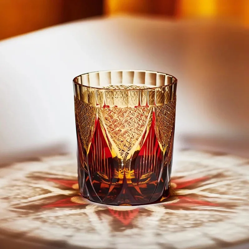 Japanese Edo Kiriko Carved Blazing Flame Crystal Tumbler Heavy Base Cup Colorful Cocktail Glass For Bar Gift Dropshipping