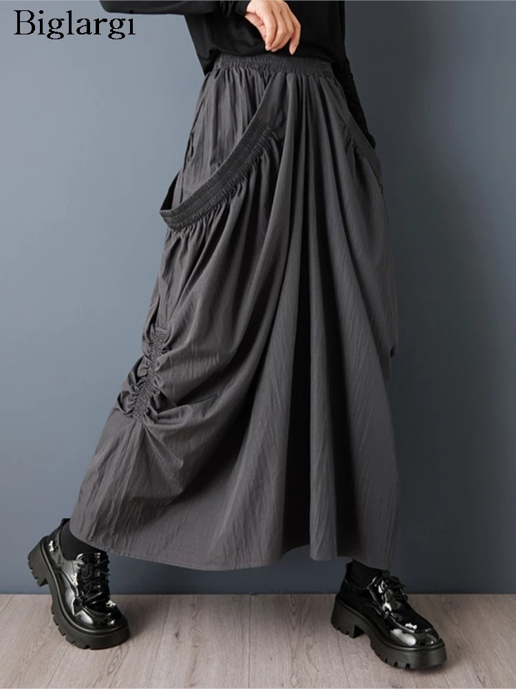 

Oversized Spring Fall Skirt Women Irregular Pleated Fashion Elastic High Waist Ladies Skirts Loose Casual Woman Long Skirts