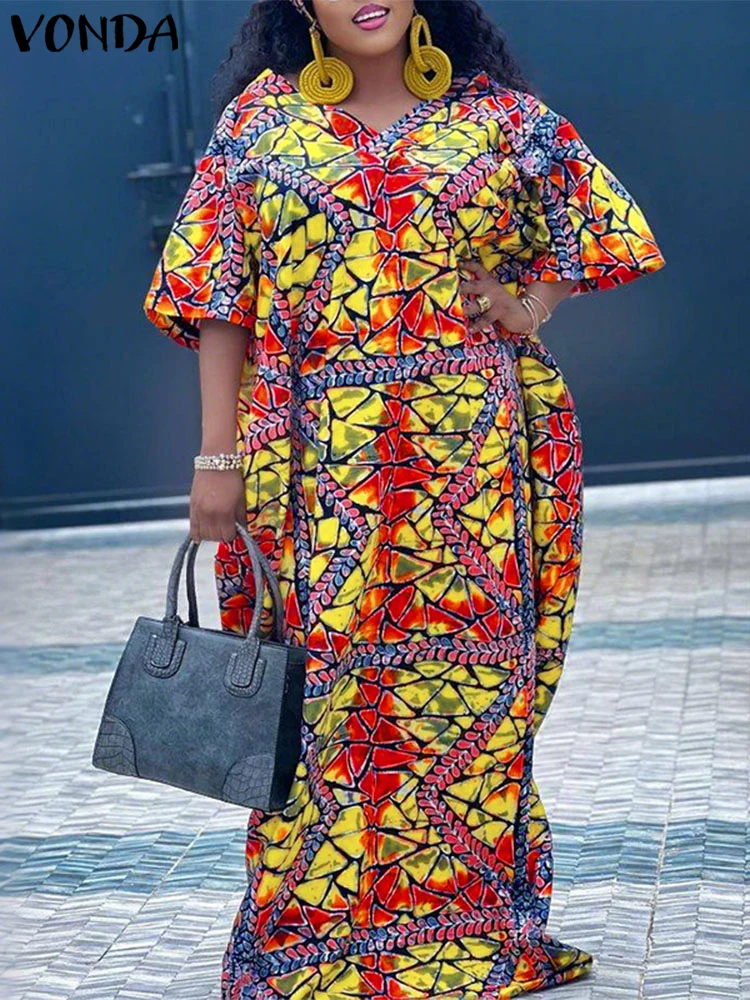 

VONDA платья больших размеров, женские богемные длинные сарафаны макси с геометрическим принтом, осень 2024, повседневные свободные винтажные вечерние платья с v-образным вырезом