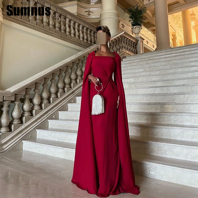 

SUMNUS Red Mermaid Evening Dress Satin Square Collar Pleat Party Dresses Floor-Length Formal Gowns 2024