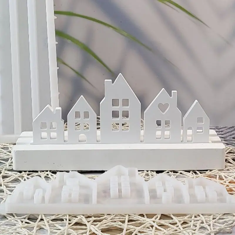 Houses Silicone Mold 5 Connected Houses Fondant Mold Wulian house plug-in decorative plaster mold DIY silicone mold decoration