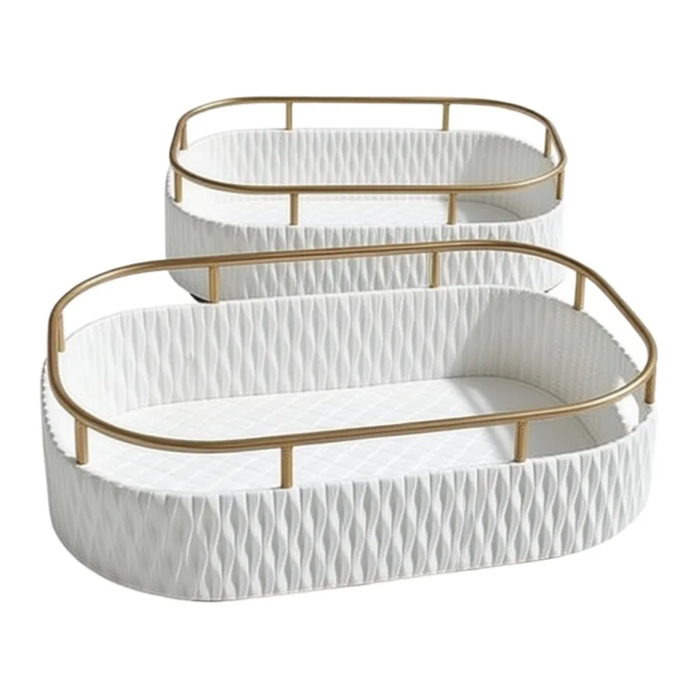 Cosmetics Storage Box Cream White Lightweight Plastic with Gold Wave Pattern Rim for Dresser Vanity Organization 2 pcs