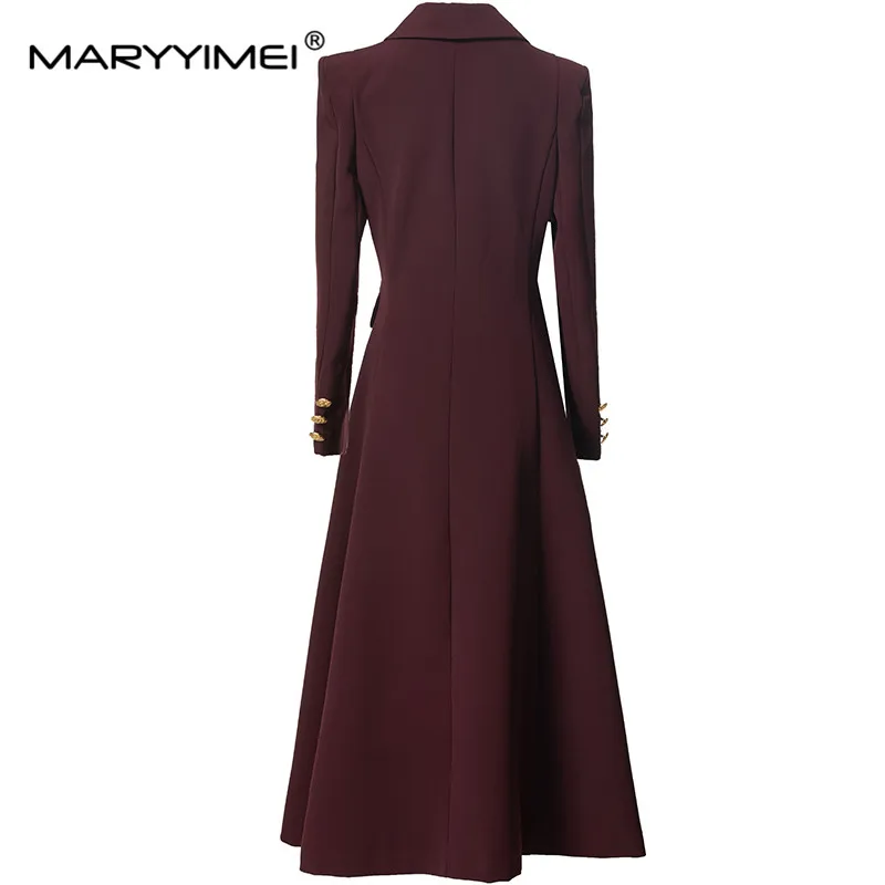 MARYYIMEI Autumn and winter New Style plain color Coat Women Notched Long Sleeved Double-Button Vintage Elegant Overcoat